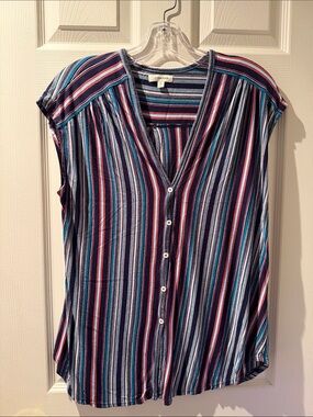 Max Studio Navy, Red & White Striped Button Front Cap Sleeve Top